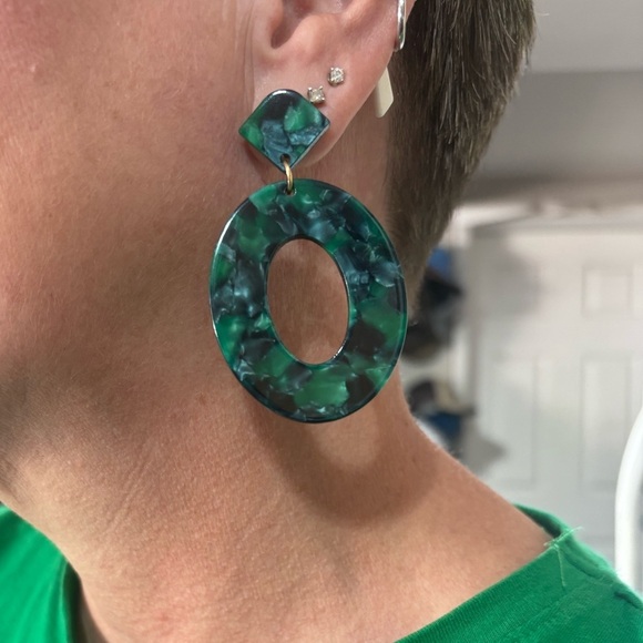 Green and Blue  Tortoise Shell Statement Earrings - Picture 3 of 3